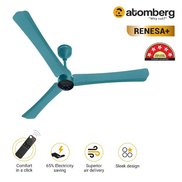 Atomberg Renesa 1200 mm BLDC Ceiling Fan with Remote Control LED Indicators Aegean Blue aegeanblue2 1