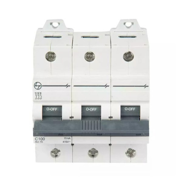AU HR MCB 80A TP 415V AC 15kA C Curve L T AU15S30803C au15s31003c au 15 mcb 15ka c100 3p front
