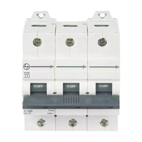 AU HR MCB 80A TP 415V AC 15kA D Curve L T AU15S30803D au15s31003c au 15 mcb 15ka c100 3p front 1