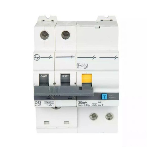 AU RCBO 63A DP 240V Adi 10kA 30mA C Curve L T AUF3D206303 auf3d206303 au f rcbo 63a 30ma adi 2p front