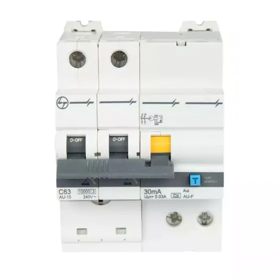 AU RCBO 63A DP 240V Adi 10kA 30mA C Curve L T AUF3D206303 auf3d206303 au f rcbo 63a 30ma adi 2p front