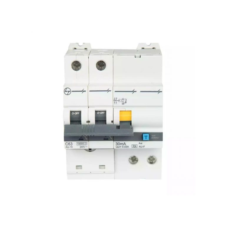 AU RCBO 63A DP 240V AC 10kA 100mA C Curve L T AUF3C206310 auf3d206303 au f rcbo 63a 30ma adi 2p front 2