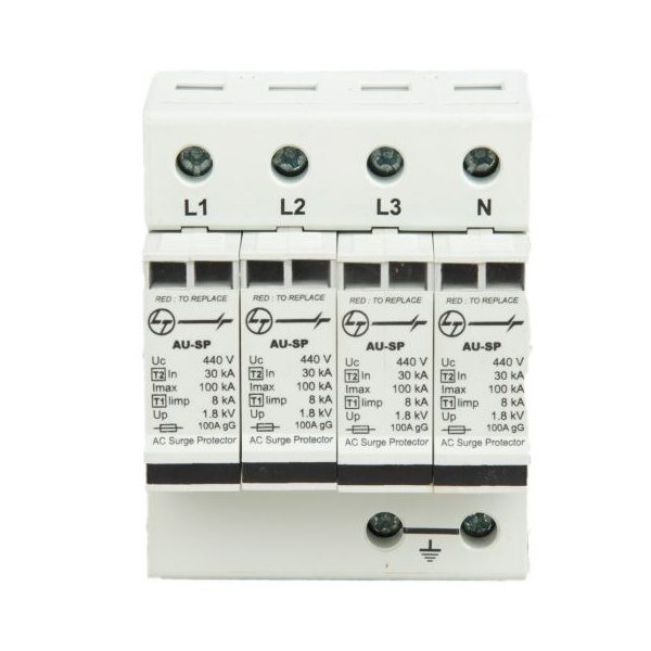AU SPD Iimp 8kA Imax 100kA 3P N 400V AC Type 1 2 L T AUSP123PN100 ausp123pn100 spd ac type 12 3pn 4 mod 8ka 100ka front4