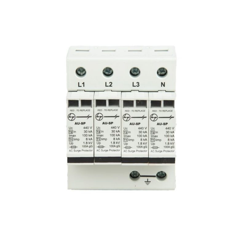 AU SPD Iimp 8kA Imax 100kA 3P N 400V AC Type 1 2 L T AUSP123PN100 ausp123pn100 spd ac type 12 3pn 4 mod 8ka 100ka front4