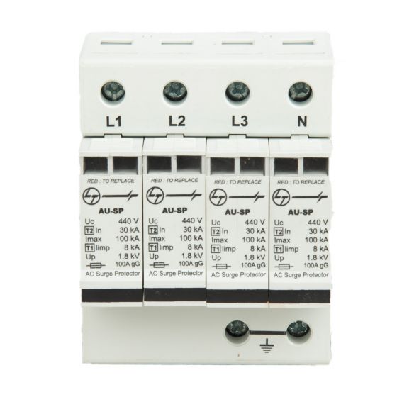 AU SPD Iimp 8kA Imax 100kA 3P N 400V AC Type 1 2 L T AUSP123PN100 ausp123pn100 spd ac type 12 3pn 4 mod 8ka 100ka front4