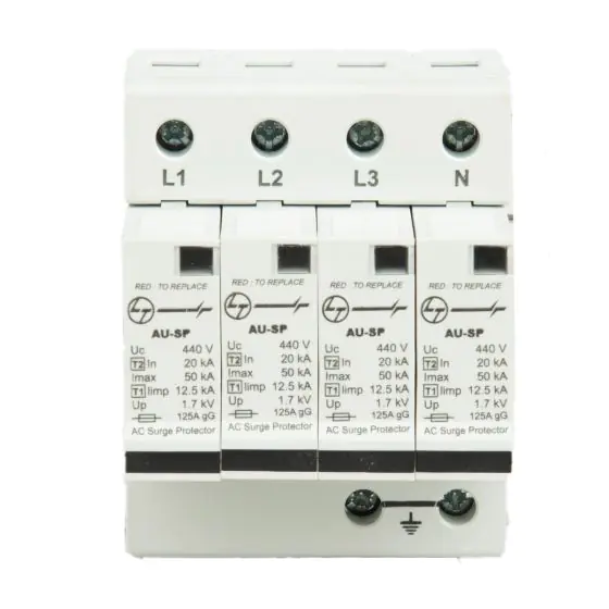 AU SPD Iimp 12.5kA Imax 50kA 3P N 400V AC Type 1 2 L T AUSP123PN50 ausp123pn50 spd ac type 1 2 3p n 4 mod.12.5ka 50ka front