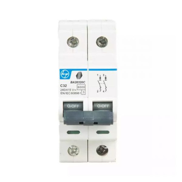 Tripper MCB 32A DP 240V AC 6kA C Curve L T BA20320C ba20320c dp 32accurve mcb front