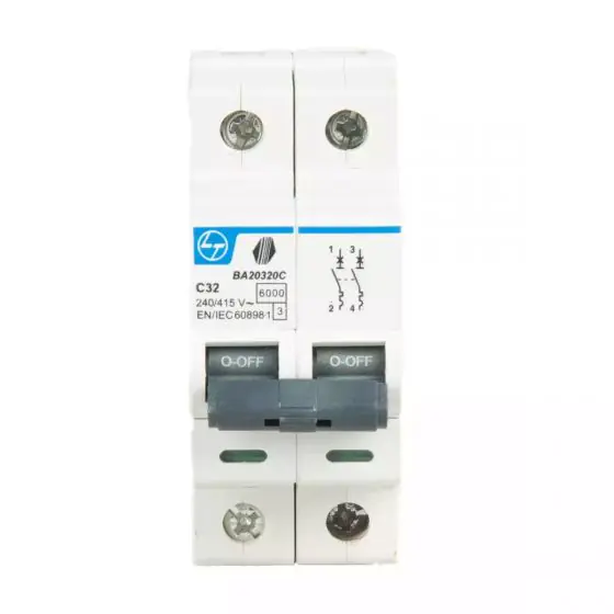 Tripper MCB 32A DP 240V AC 6kA C Curve L T BA20320C ba20320c dp 32accurve mcb front