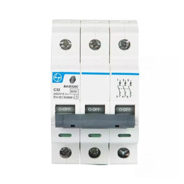 Tripper MCB 32A TP 415V AC 6kA C Curve L T BA30320C ba30320c tp 32a c curve mcb front