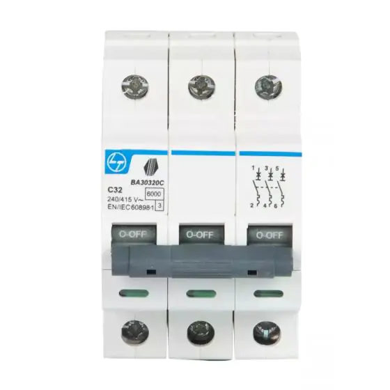 Tripper MCB 32A TP 415V AC 6kA C Curve L T BA30320C ba30320c tp 32a c curve mcb front