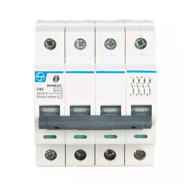 Tripper MCB 10A FP 415V AC 6kA C Curve L T BA40100C ba40630c fp 63ac curve mcb front