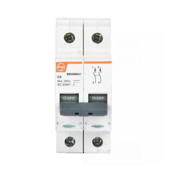 EXORA MCB 0.5A DP 250V DC 6kA C Curve L T bb2006dc mcb dp 6a 250v dc 6ka front