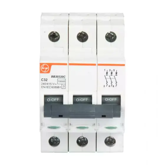 EXORA MCB 10A TP 415V AC 10kA C Curve L T BB30100C bb30320c mcb tp 32a c curve 10ka front