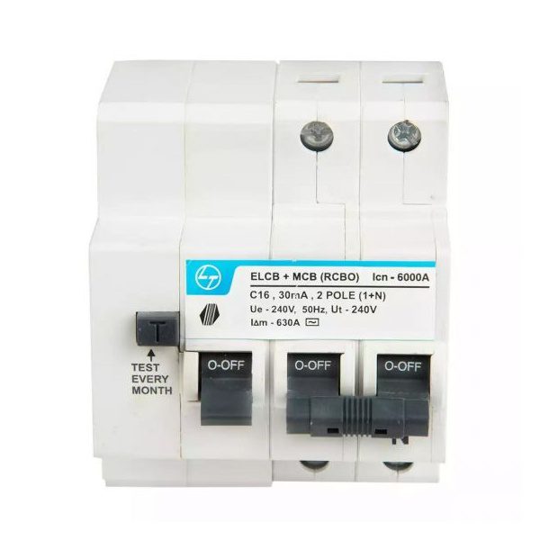 Tripper RCBO EL MCB 16A DP 240V AC 6kA 30mA C Curve L T CB90001OOBO cb90001oobo 16a 2p elcbmcb 30ma front