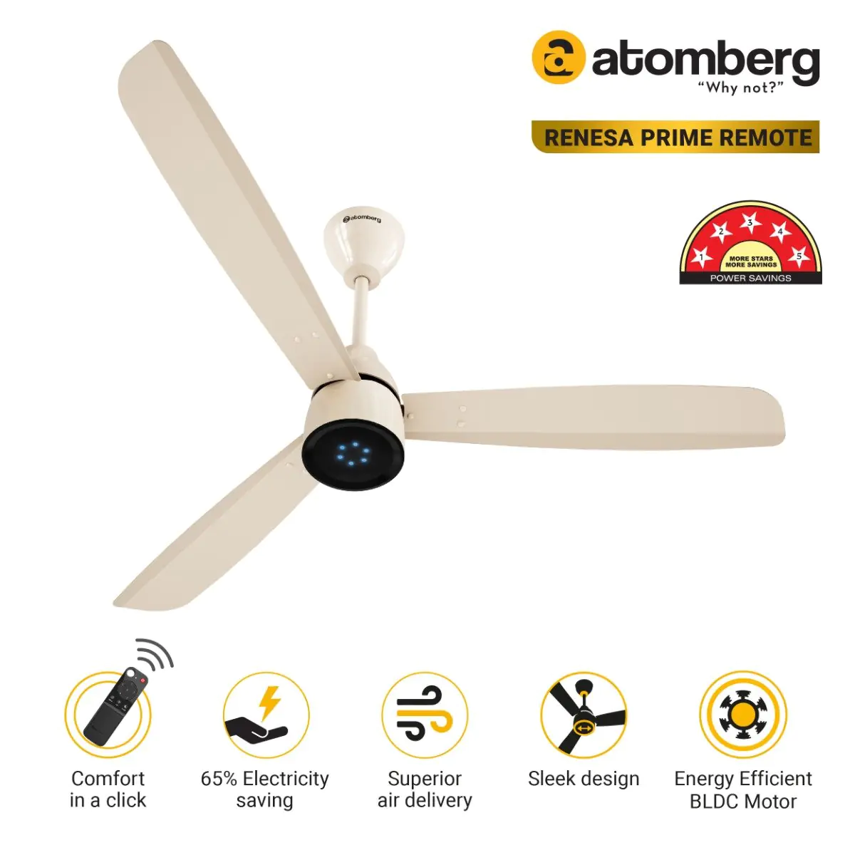 Atomberg Renesa Prime 1200 mm BLDC Ceiling Fan with Remote Control LED Indicators Seasand Ivory fangx234nuqnwvzj 1