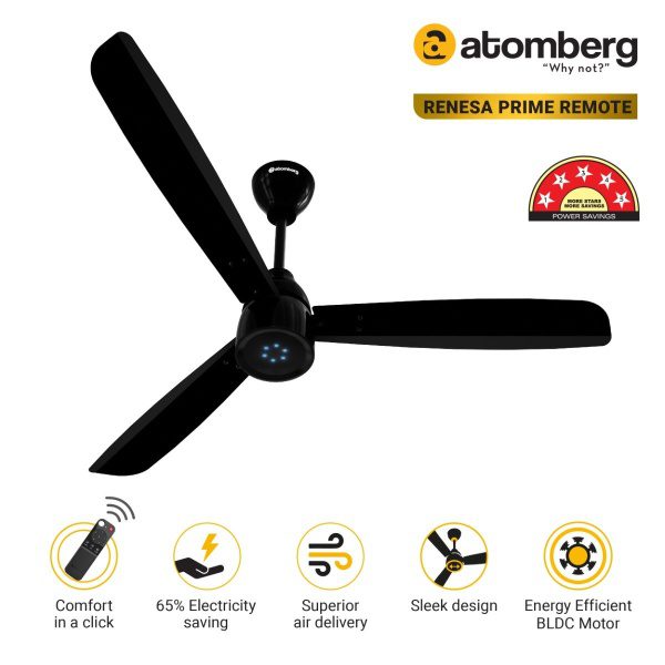 Atomberg Renesa Prime 1200 mm BLDC Ceiling Fan with Remote Control LED Indicators Gloss Black fangx23hmpp4fmhz 1