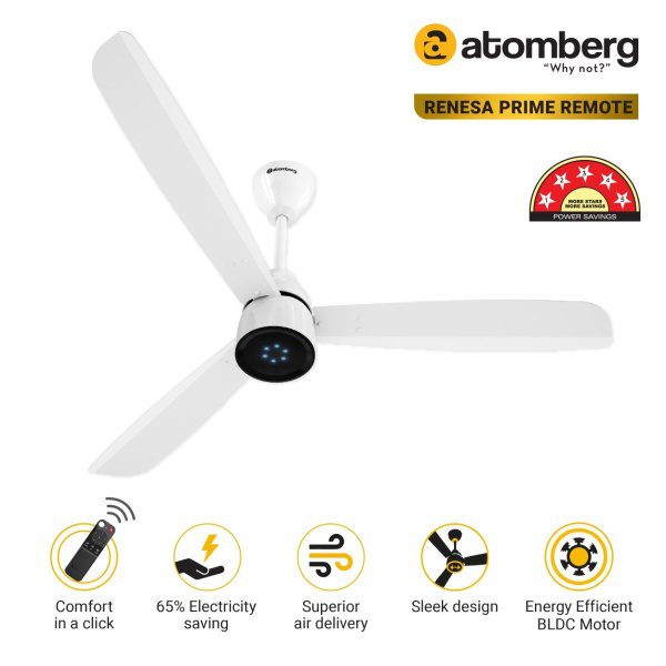 Atomberg Renesa Prime 1200 mm BLDC Ceiling Fan with Remote Control LED Indicators Gloss White fangx24em7d84ekj 01