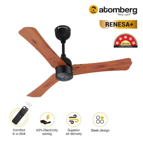 Atomberg Renesa 900 mm BLDC Ceiling Fan with Remote Control LED Indicators Golden Oakwood goldoakwood2 1