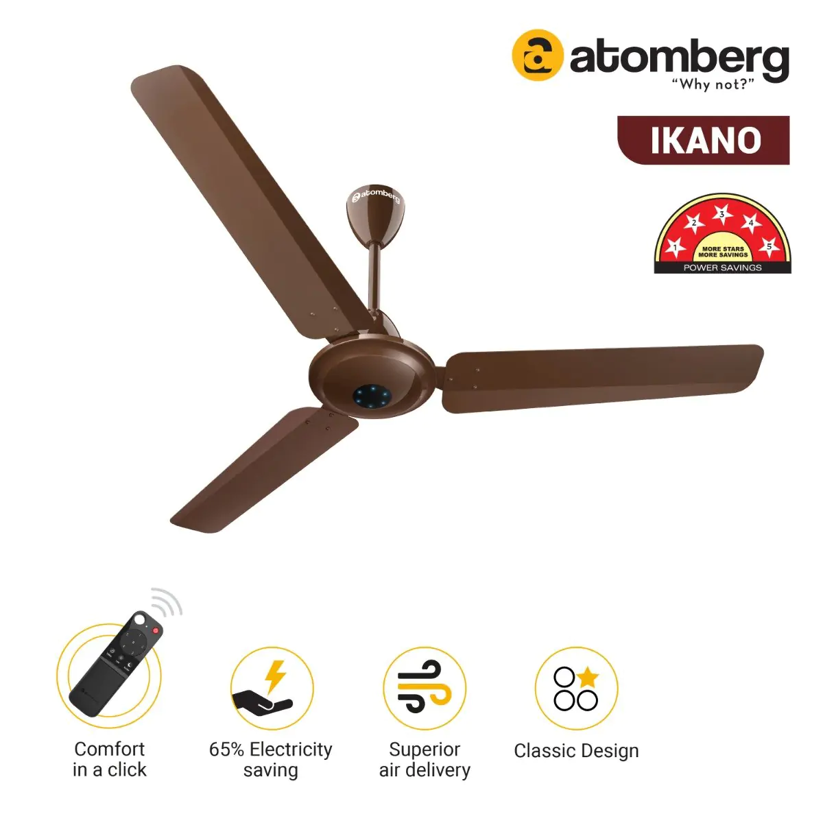 ikano_brown_2.jpg Atomberg Ikano 1200 mm BLDC Ceiling Fan with Remote Control LED Indicators Gloss Brown ikano brown 2