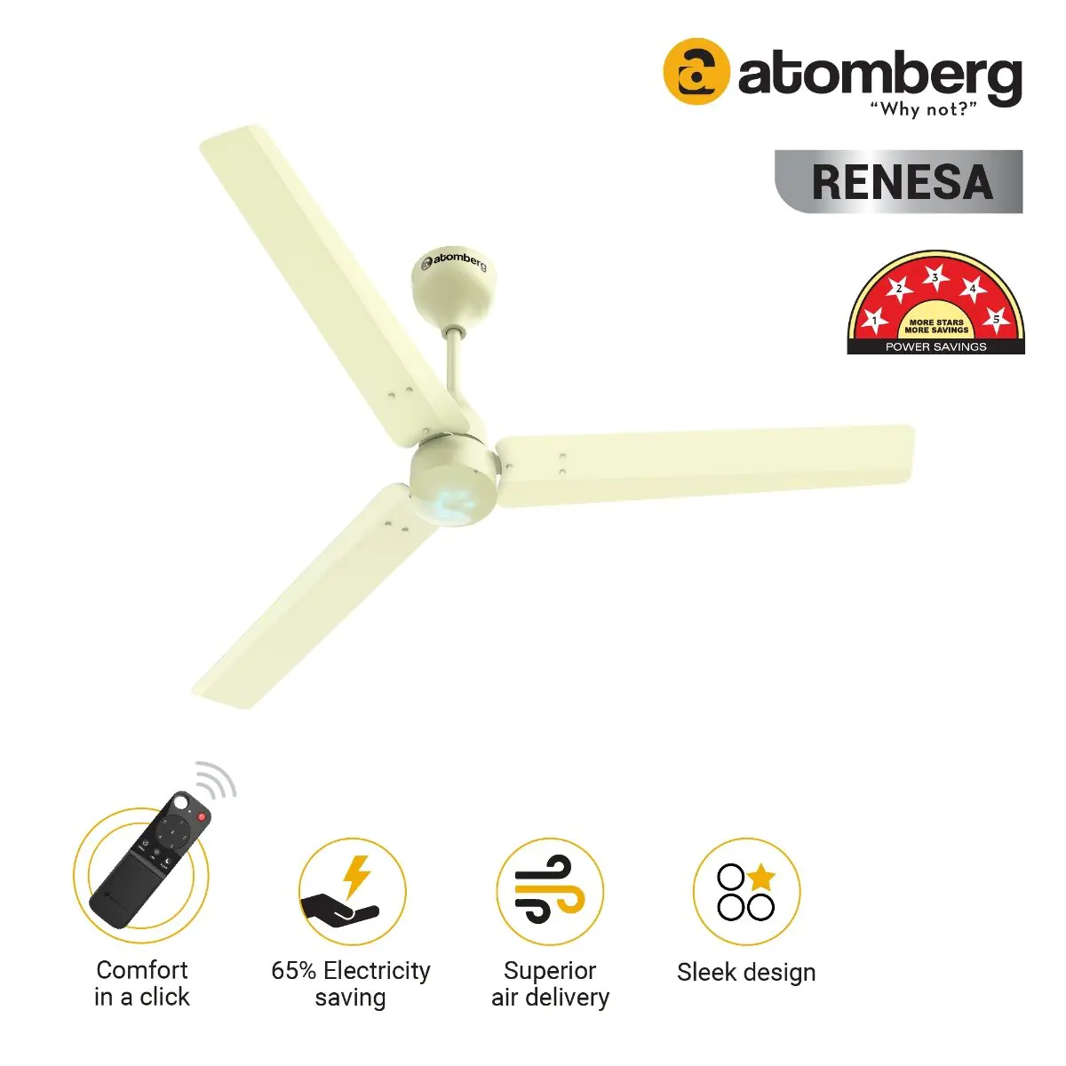 Atomberg Renesa 1200 mm BLDC Ceiling Fan with Remote Control LED Indicators Ivory ivory2