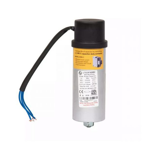 Standard Duty Cylindrical Capacitor 6.6 kVAr 525 VAC L T LTCCF306M2 ltccf305b2 5 kvar cyl std duty cap440v3 ph front