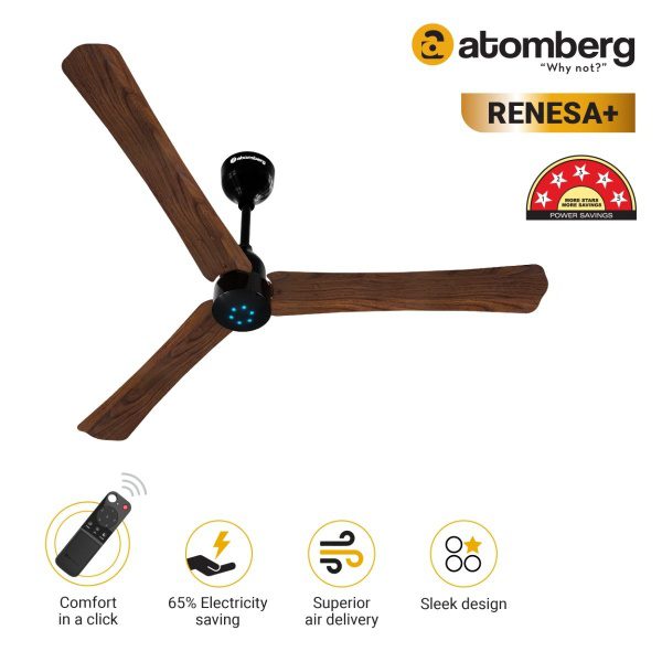 Atomberg Renesa 1200 mm BLDC Ceiling Fan with Remote Control LED Indicators Dark Walnut renesa 1200 pli dark teakwood dark te