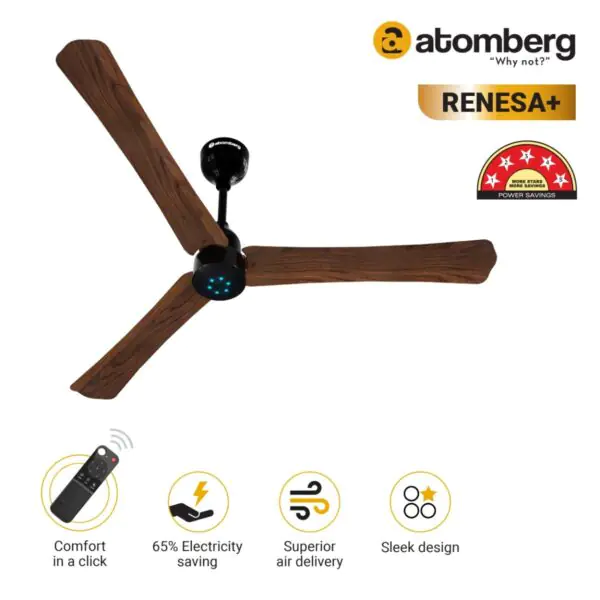 Atomberg Renesa 1200 mm BLDC Ceiling Fan with Remote Control LED Indicators Dark Walnut renesa 1200 pli dark teakwood dark te