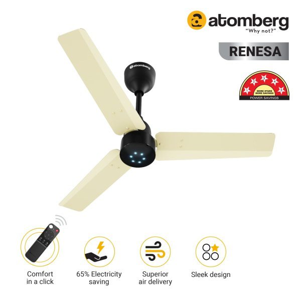 Atomberg Renesa 900 mm BLDC Ceiling Fan with Remote Control LED Indicators Ivory Black renesa 900 ivory black pli 2 1 1