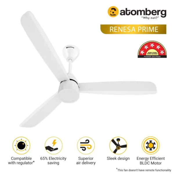Atomberg Renesa Prime 1200 mm BLDC Ceiling Fan with Regulator White renesa prime regulator pli1