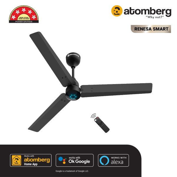 Atomberg Renesa Smart 1200 mm BLDC Ceiling Fan with IoT, Remote Control LED Indicators Midnight Black renesa smart hero image