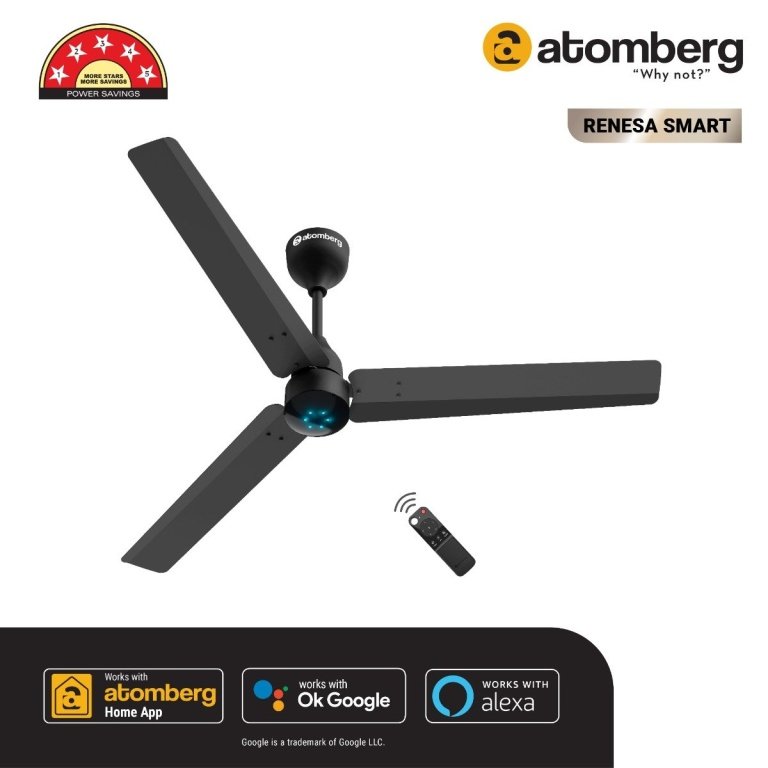 Atomberg Renesa Smart 1200 mm BLDC Ceiling Fan with IoT, Remote Control LED Indicators Midnight Black renesa smart hero image