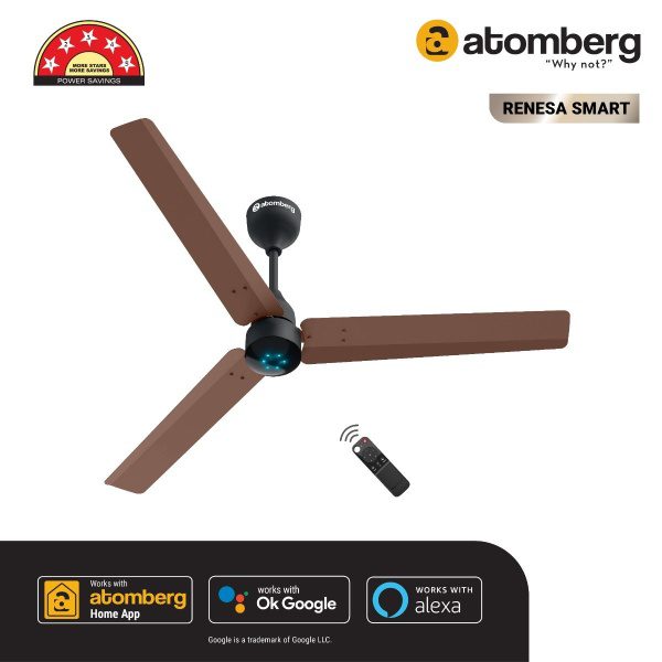 Atomberg Renesa Smart 1200 mm BLDC Ceiling Fan with IoT, Remote Control LED Indicators Brown Black renesa smart hero image br
