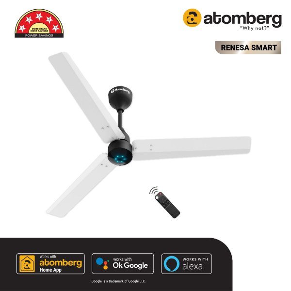 Atomberg Renesa Smart 1200 mm BLDC Ceiling Fan with IoT, Remote Control LED Indicators White Black renesa smart hero image wh