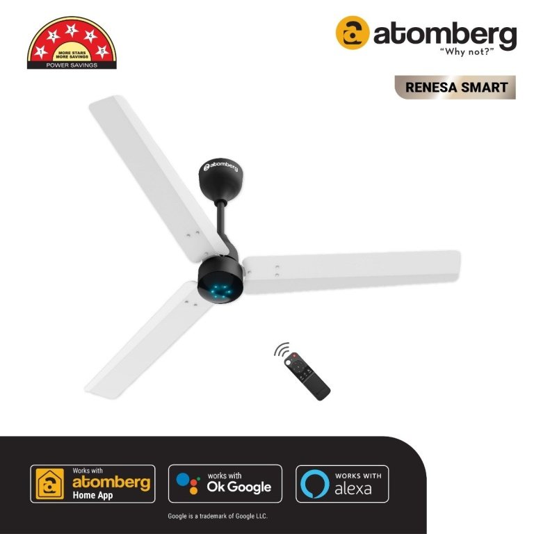 Atomberg Renesa Smart 1200 mm BLDC Ceiling Fan with IoT, Remote Control LED Indicators White Black renesa smart hero image wh