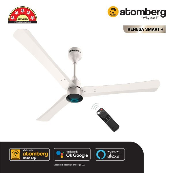 Atomberg Renesa Smart 1200 mm BLDC Ceiling Fan with IoT, Remote Control LED Indicators Pearl White renesa smart pearl white a