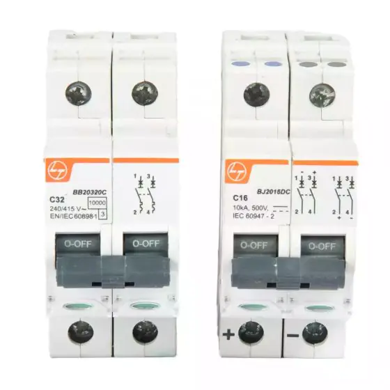 EXORA Combo MCBs 16A DP 240V AC 10kA C Curve 16A DP 500V DC 10kA C Curve L T sc223216 solar mcbs ac 32a dp dc 16a 500v front
