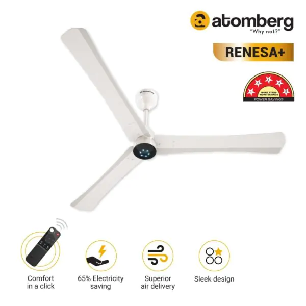 Atomberg Renesa 1400 mm BLDC Ceiling Fan with Remote Control LED Indicators Pearl White white 2 1 1