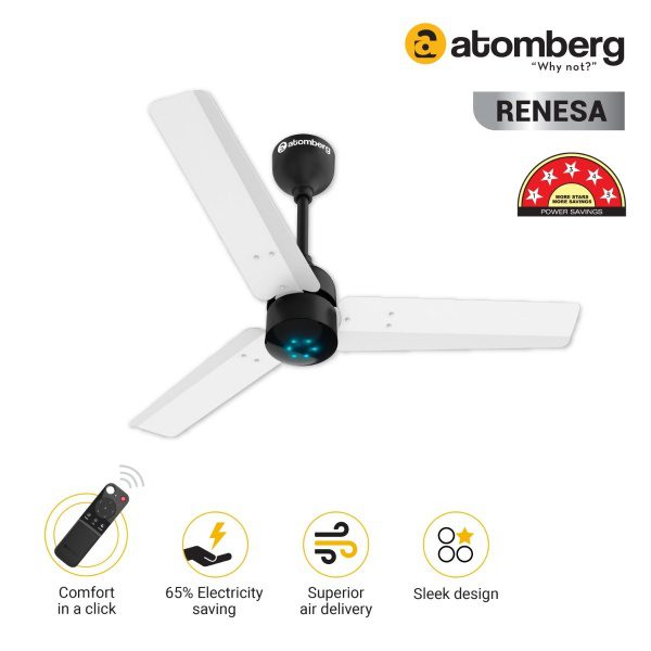 Atomberg Renesa 900 mm BLDC Ceiling Fan with Remote Control LED Indicators White Black whiteblack2 1