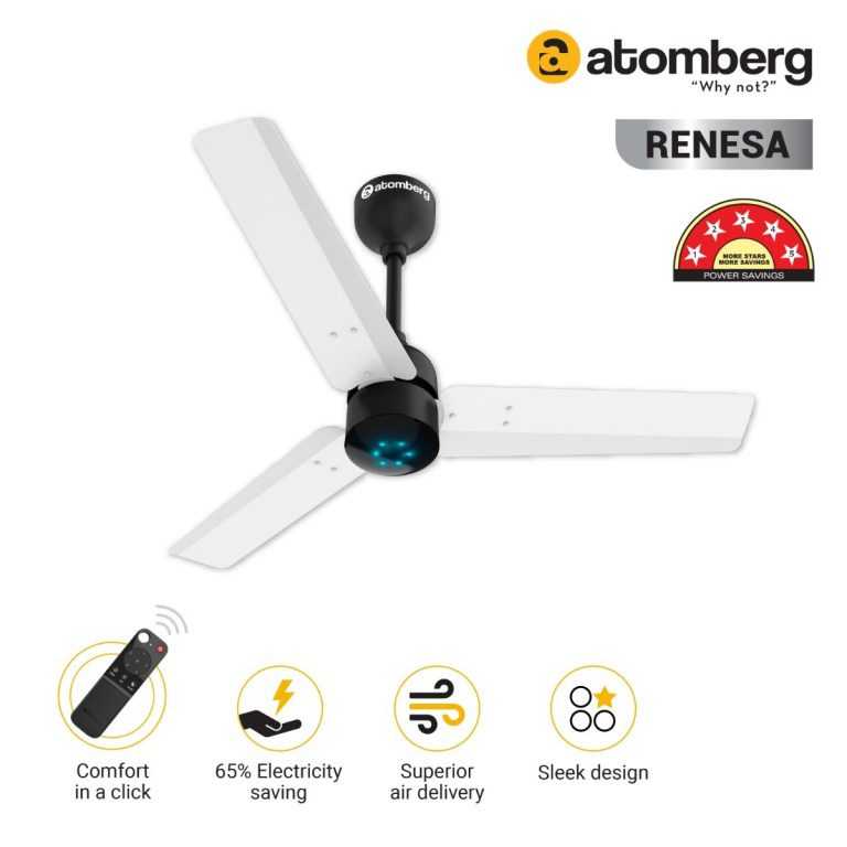 Atomberg Renesa 900 mm BLDC Ceiling Fan with Remote Control LED Indicators White Black whiteblack2 1