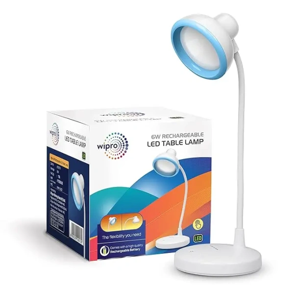 Wipro 6W LED Rechargeable Table Lamp 3 Step Dimming, Cool White, 6W E10013 e