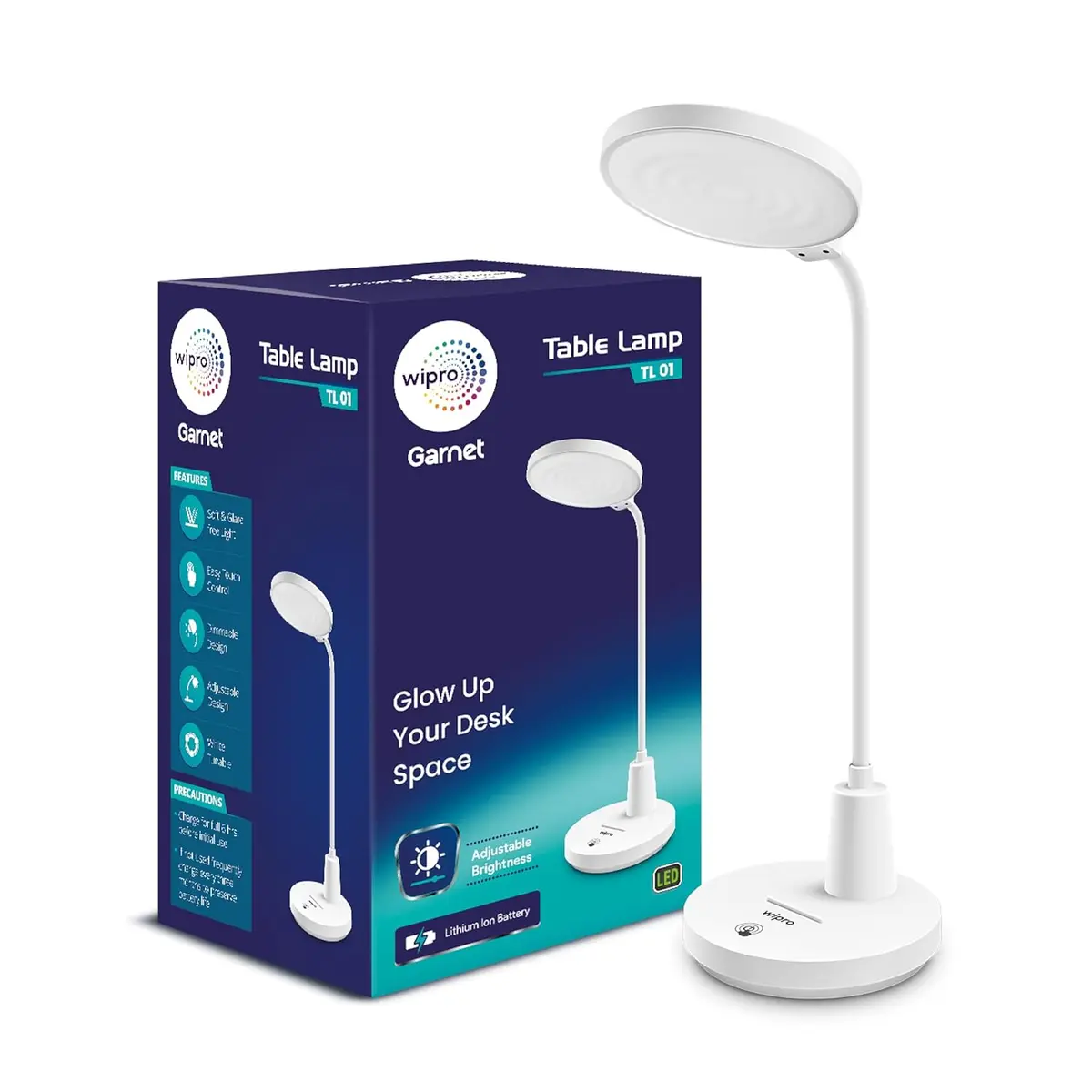 E20004 Wipro 8W Rechargable LED Table Lamp TL01 3 Step Dimming, Shades Of Wjite, 8W E20004 e