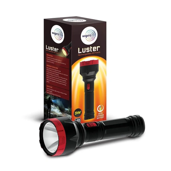 Wipro Luster 3W Led Bright Rechargeable Torch 2 Level Brightness, 3W cl