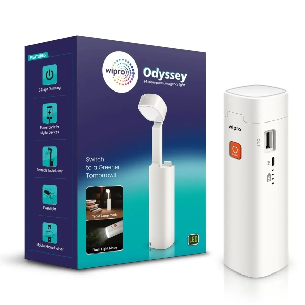 Wipro Odyssey Multifunctional Rechargeable Emergency Light Torch Table Lamp, 3 Step Dimmer cl