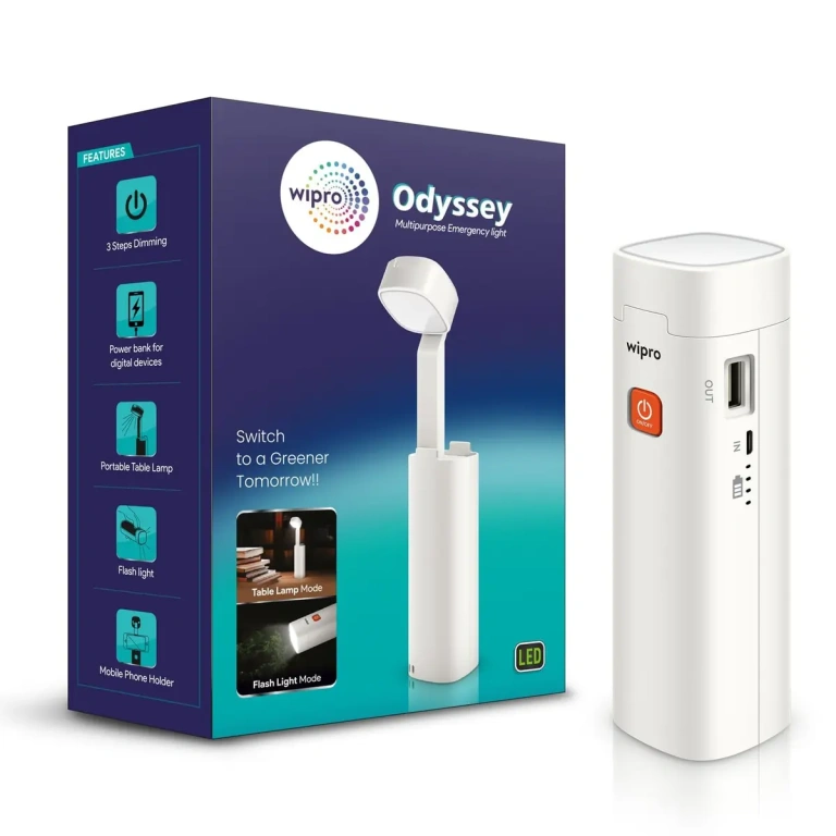 Wipro Odyssey Multifunctional Rechargeable Emergency Light Torch Table Lamp, 3 Step Dimmer cl