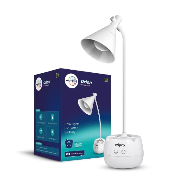 Wipro Orion 6w Rechargeable LED Table Lamp 3 Step Dimming With Night Light, Cool White, 6W e