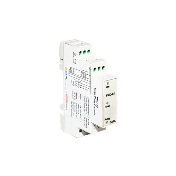 PMD-03 Phase fail, reverse, UV, Single Phase Preventer Selfpwrd,3P3W Din Rail Mount Rly1C O TDT Factoryset EAPL version 1.0.0