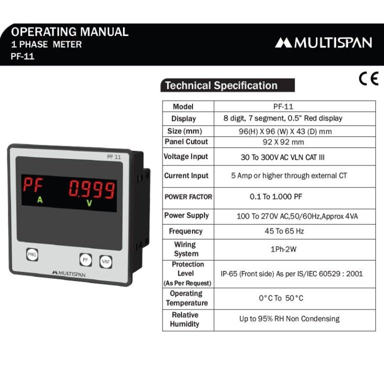 PF-11 SINGLE PHASE POWER FACTOR METER 96 X 96 X 43 MULTISPAN pf