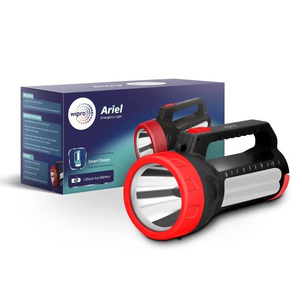 Wipro Ariel Multi-Functional Rechargeable Emergency Light, Black Red, 3 Modes of Lighting Torch, Lantern , Li-Ion Battery, Mo