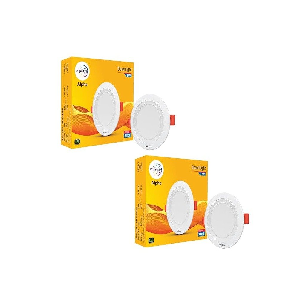 Wipro 6W Alpha Slim Downlight for Junction Box Warm White 2700K , 450 Lumens 75mm Cutout, 112x22mm Dimension Surge Protection