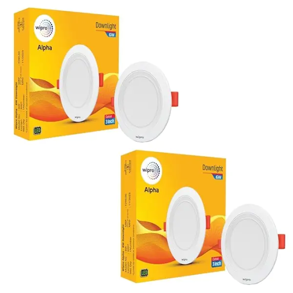 Wipro 6W Alpha Slim Downlight for Junction Box Warm White 2700K , 450 Lumens 75mm Cutout, 112x22mm Dimension Surge Protection